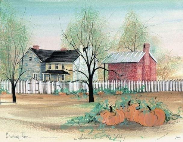 Autumn in the Valley Giclee Print by P Buckley Moss Available at Canada Goose Gallery in Waynesville, Ohio Autumn in the Valley limited edition print by P Buckley Moss features a farm homestead with white fence and a pumpkin patch and bold black iconic Moss trees.