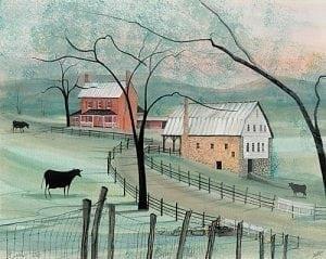 Baylor's Mill limited edition print by P Buckley Moss features a mill in Virginia in a landscape of shades of green with rose house building and cream and white barn.