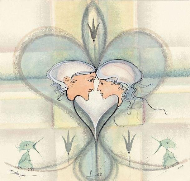 Beloved signed and numbered, limited edition print by P Buckley Moss at Canada Goose Gallery in Waynesville, Ohio Beloved limited edition print by P. Buckley Moss is a modern artwork of a couple in love, facing each other, inside a heart in soft colors of cream and light teal. Baby birds singing sweetly in the lower portion of the print with a few flower stems on lined background.