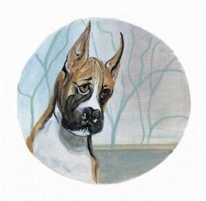 Boxer from the dog collection of artist P Buckley Moss features the boxer breed in colors of brown and white with black muzzle. Background in grays and light blue.