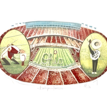 Buckeye Tradition by P. Buckley Moss, 2009 lithograph of Ohio Stadium with Ohio State football field and marching band musicians.