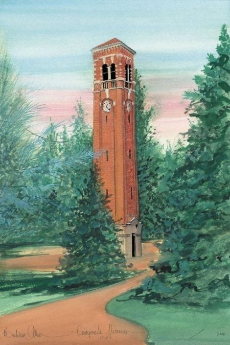 Campanile Memories UNI limited edition print by P Buckley Moss at Canada Goose Gallery in Waynesville, Ohio