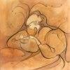 Cherished Babe limited edition print features mother with babe in arms in warm colors of peach, rust and very light orange and cream.