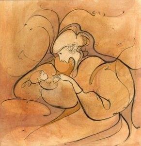 Cherished Babe limited edition print features mother with babe in arms in warm colors of peach, rust and very light orange and cream.