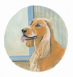 Cocker Spaniel limited edition print by P Buckley Moss features a golden color dog with background of light and dark shades of aqua, cream and green.