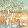 Country Peace is a limited edition print by P Buckley Moss featuring a landscape with small leafy tree and pond. White birch tree, shades of turquoise pond and golden and cream land.