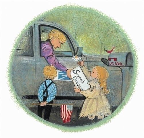 Delivering Sweet Dreams features Children delivering sweet dreams of love to the postman who will send their love messages to family and friends Art by P Buckley Moss..