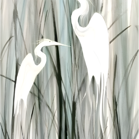 Egret Romance signed and numbered limited edition print by American artist P Buckley Moss at Canada Goose Gallery in Waynesville, Ohio. Shades of green with white birds