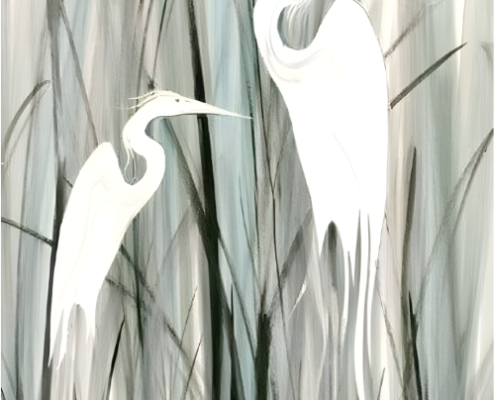 Egret Romance signed and numbered limited edition print by American artist P Buckley Moss at Canada Goose Gallery in Waynesville, Ohio. Shades of green with white birds