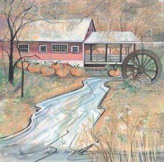 Fall at the Clifton Mill Signed and numbered, limited edition art print by American artist P Buckley Moss at Canada Goose Gallery in Waynesville, Ohio. Clifton-Mill-Framed-Print-PBuckleyMoss-Art-lithograph