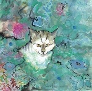 Flower Puss limited edition by P Buckley Moss features a gray and white cat in a garden of blue, green and pink flowers with a speck of black for highlights.
