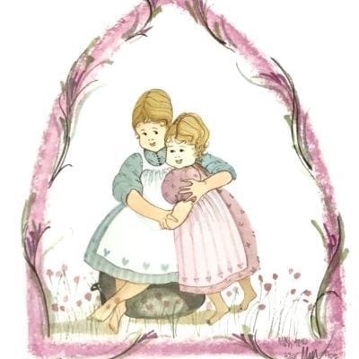 Sisters Love is a rare limited edition print that features two girls or sisters embracing each other. Floral border in the form of a pointed arch over the girls. Pinks and blues.