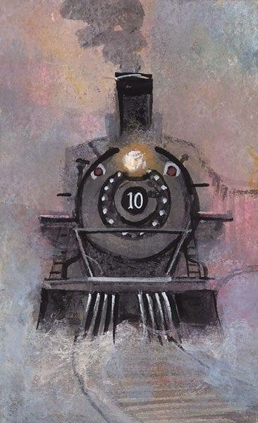 Full Speed Ahead limited edition print by P Buckley Moss features a train engine in colors of black, gray, mauve, lavender, purples and blue.