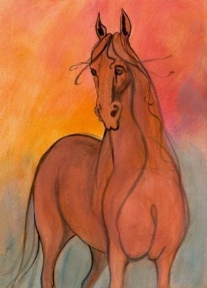 Goldie is a limited edition giclee print on canvas by P Buckley Moss. Enjoy the texture. Very colorful background with pops of orange and rose to compliment the rust colors of the horse.