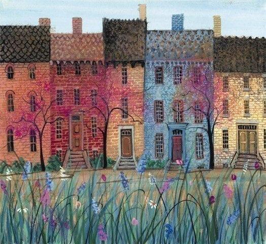 Graced by Spring limited edition print by P Buckley Moss featuring soft colored buildings with spring flowers in the foreground. Vibrant colors of reds, blue, golds, greens and cream.