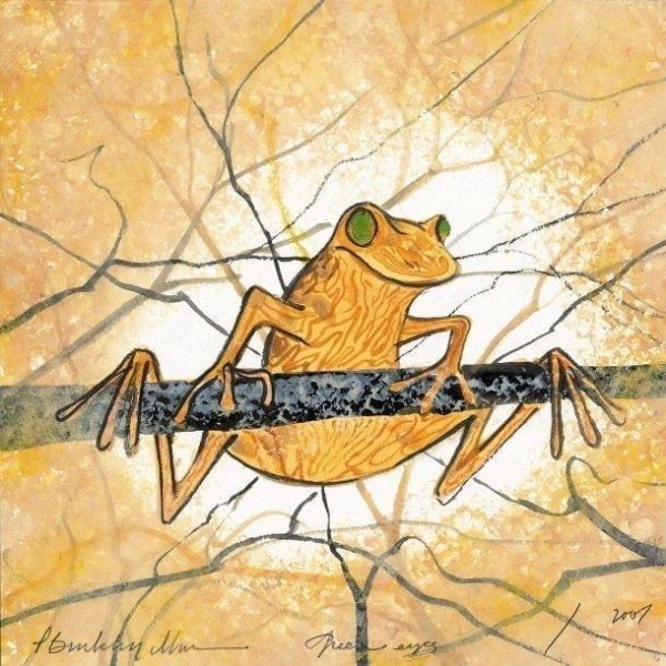 Green Eyes limited edition print by P Buckley Moss. Playful golden frog hanging from the branches of a tree.