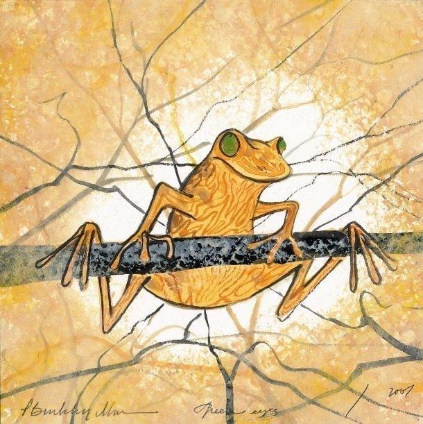 Green Eyes signed and numbered, limited edition print by P Buckley Moss at Canada Goose Gallery in Waynesville, Ohio Green Eyes limited edition print by P Buckley Moss. Playful golden frog hanging from the branches of a tree.