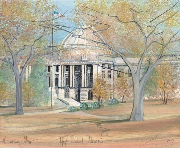 High School Memories limited edition print by P Buckley Moss at Canada Goose Gallery in Waynesville, Ohio Ohio's first high school built in 1909-1911 and was Ohio’s first high school.