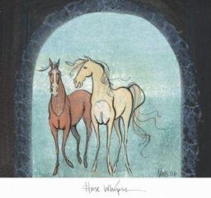 Horse Whispers limited edition print by P Buckley Moss features two playful horses, one chestnut, one cream colored prancing in a background of soft aqua with a splash of green. Artist arch over the two horses in shades of dark greenish black.