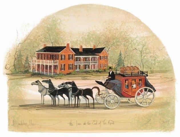 Inn at the End of the Road Signed and numbered, limited edition art print by American artist P Buckley Moss at Canada Goose Gallery in Waynesville, Ohio. Historic Pennsylvania House in Springfield, Ohio was an inn and tavern, built circa 1822. Three- story brick Federal structure along the original National Road.