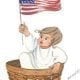 July's Baby, Baby Months of the year series (A child print representing each month) captures the love of artist, P. Buckley Moss, for children and family. Colors of red, white and blue for the flag, white and gray plus tans and rust in the basket.