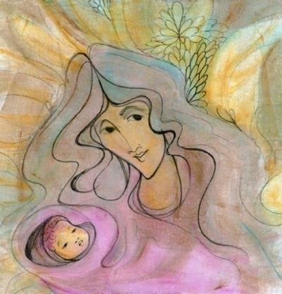 Mia Madre limited edition print by P Buckley Moss features mother and child in shades of lemon yellow, blue, green, gray, pinks and rose.
