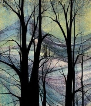 Mountains in Spring limited edition by P Buckley Moss features the beauty of the the earth and shared through her art. Colors of aqua, green, lavender with a splash of pink. Black iconic trees fill the foreground.