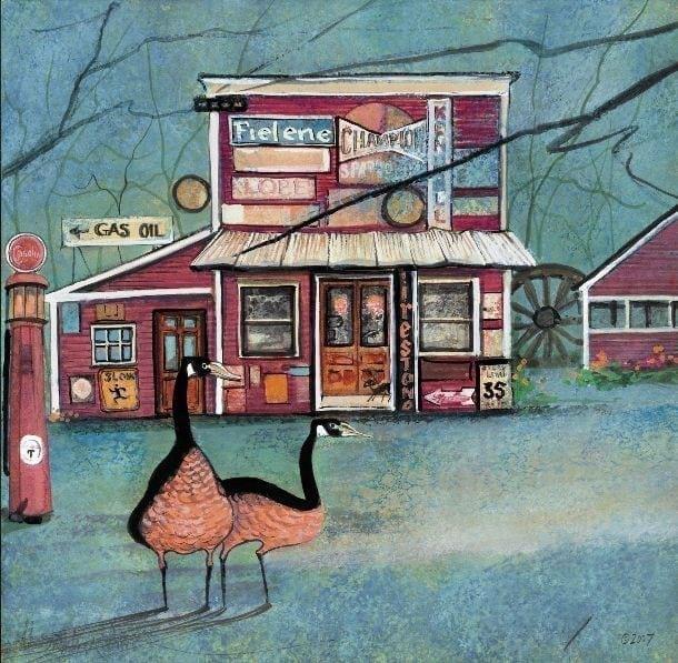 Clifton Mill gas station as depicted by P Buckley Moss. The vintage building is covered in old signs and promises to take you back to your childhood.
