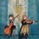 Parlor Duet limited edition print by P Buckley Moss features a young boy and girl both playing string instruments.