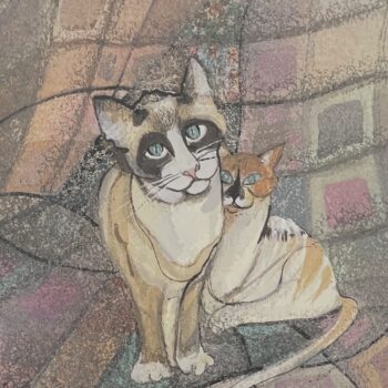 Quilted Purrfection by P. Buckley Moss featuring two cats surrounded by colorful patchwork quilt patterns.