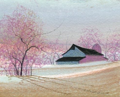 Cercis canadensis, eastern redbud is a large deciduous shrub or small tree, native to eastern North America. It is the state tree of Oklahoma. Art print by P Buckley Moss in colors of rose and pinks with tans in the landscape, blues for the sky and barn and white for the fencing.