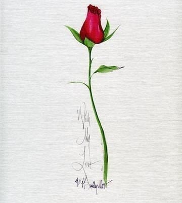 With My Love limited edition print by P Buckley Moss, long stemmed red rose on brushed silver Metal plate