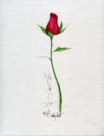 With My Love limited edition print by P Buckley Moss, long stemmed red rose on brushed silver Metal plate