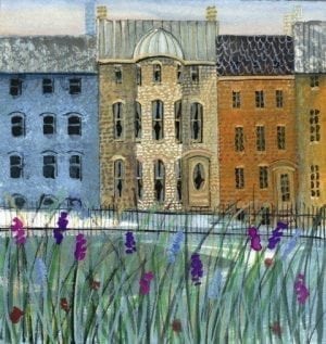 Row Houses in Spring limited edition print features P Buckley Moss iconic row houses in a park setting with a purple flower garden in foreground. Additional colors of Blue, rust and cream, greens and purple.