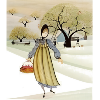Shenandoah Harvest by P. Buckley Moss showing a woman carrying a basket through an autumn orchard landscape.