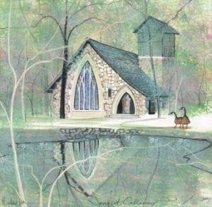 Spring at Callaway Chapel limited edition print by P Buckley Moss features a small church in a wooded area in colors of soft turquoise, blues and cream with white and black trees. 