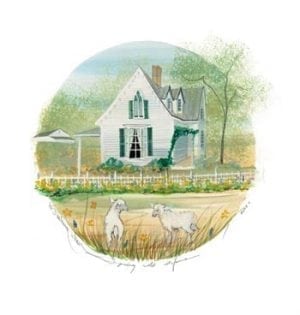 Spring at Home limited edition print by P Buckley Moss features a white house with Spring flowers and Spring lambs in front of the house. White, greens, a touch of blue and golden tan.