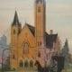 St. Raphaels Church signed and numbered limited edition print by P Buckley Moss features a church in Springfield, Ohio built in the 1800's. Peach coloring to the brick with black roof, a horse and buggy in the forefront and greenery around the building.
