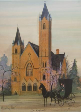 St. Raphaels Church signed and numbered limited edition print by P Buckley Moss features a church in Springfield, Ohio built in the 1800's. Peach coloring to the brick with black roof, a horse and buggy in the forefront and greenery around the building.
