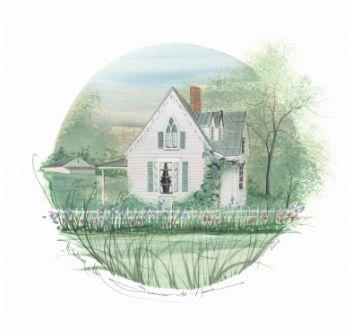 Summer at Home limited edition print by P Buckley Moss features a white house with Spring flowers in greens, accented with lavender, and pink flowers.