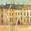 Township limited edition print by P Buckley Moss features a row house scene with white birch trees in the foreground and the buildings are shades of neutrals where the tones range from golden to lighter tones. Love the red door!