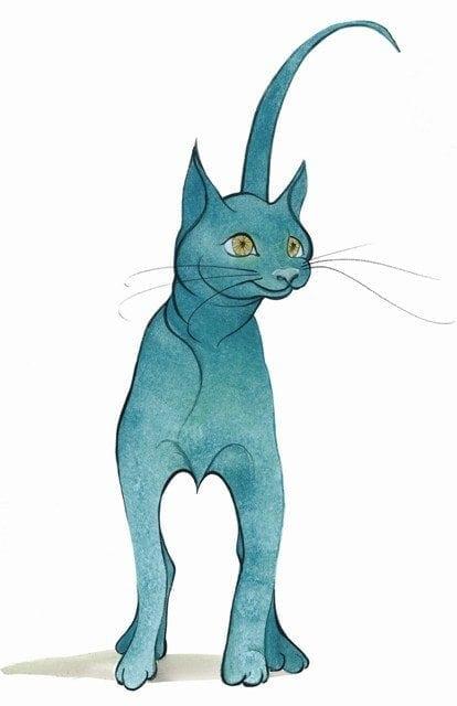 Whimsical interpretation of a beautiful turquoise cat by artist P Buckley Moss