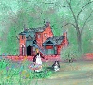Wee House in the woods limited edition print by P Buckley Moss features the historic landmark where the first fold song festive was held in the Ashland, KY area. Colors of green in the background with a rose colored house ane steal gray roof.