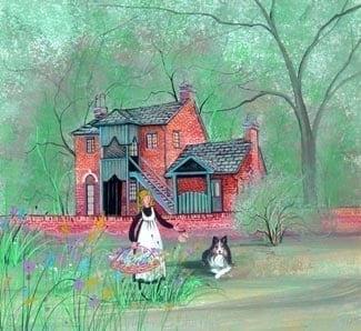 Wee House In The Woods , signed and numbered limited edition print by American artist P Buckley Moss at Canada Goose Gallery in Waynesville, Ohio. Wee House in the woods limited edition print by P Buckley Moss features the historic landmark where the first fold song festive was held in the Ashland, KY area. Colors of green in the background with a rose colored house ane steal gray roof.