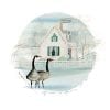Winter at Home limited edition print b P Buckley Moss features a winter home scene with two black and gray geese in the front yard. Blues with a touch of green and tans.