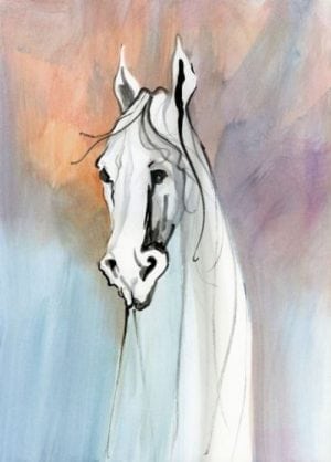 Wise Spirit limited edition print on canvas by P Buckley Moss features the neck and head of a white horse with a colorful background of peach, blues and grays.