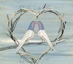 With Love in my Heart print by P Buckley Moss is two birds in a heart shaped wreath on a branch.