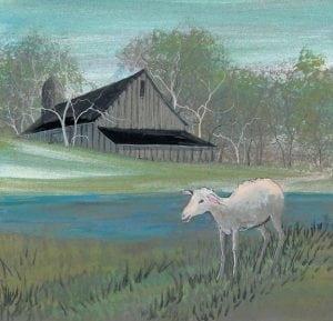 Across the Meadow limited edition print by P Buckley Moss features a baby lamb with a barn in the background. Shades of fer green and a splash of turquoise.