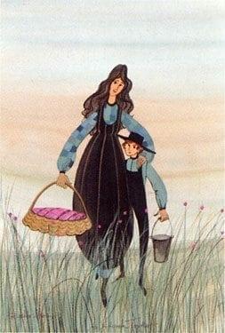 An Afternoon Together limited edition print by P Buckley Moss features mother and son or sister and brother sharing time together. Red apples with shades of peach and blue through the sky with greens and earth tones in the foreground. Soft aqua and black also featured in artwork.