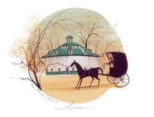 Four Seasons, Autumn limited edition print by P Buckley Moss features her AMish buggy and horse, round barn with a tan, cream and lite green background.
